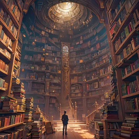 arafed image of a man standing in a library with books, endless books, borne space library artwork, books cave, fantasy book ill...