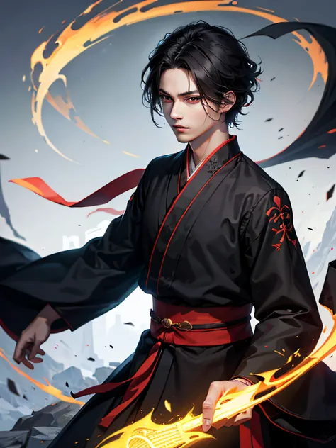 a man，wearing black hanfu，the eyes are fierce，short hair，nigth， --auto