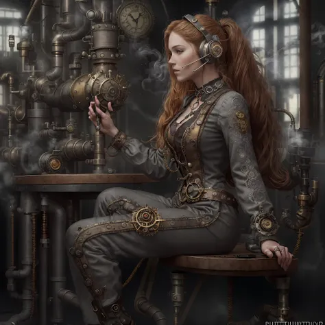 (photo, photorealistic:1.37), one girl, full body, sitting on a chair, shot from side, profile, slow motion, female steampunk en...