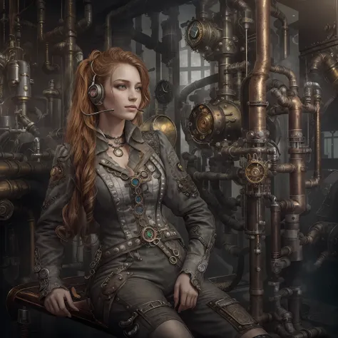 (photo, photorealistic:1.37), one girl, full body, sitting on a chair, shot from side, profile, slow motion, female steampunk en...