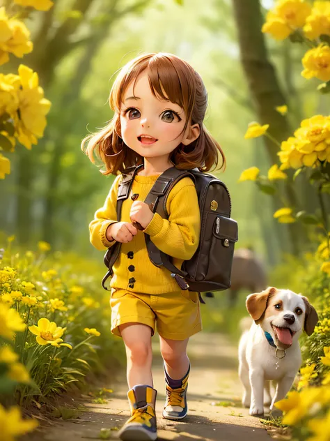 a very adorable little girl with a backpack and her cute puppy enjoying a beautiful spring walk surrounded by beautiful yellow f...