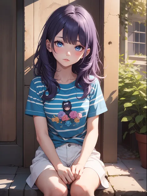 top quality ultra-detailed cg art、blue light shirt、striped tee、purple hair、oblivion colored eyes、夏天、sixteen years old、infant bod...