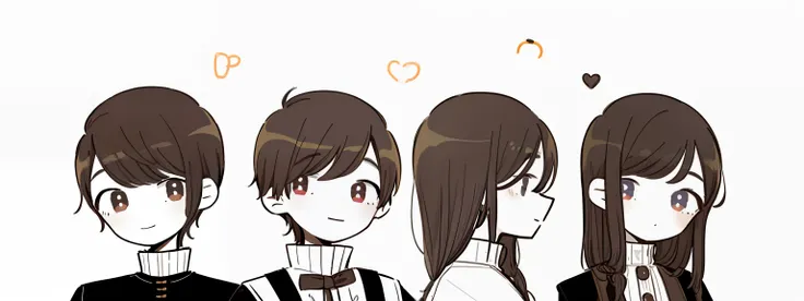 4 boys,short detailed hair,adolable,love heart,ssmile,Line drawings。، simple。