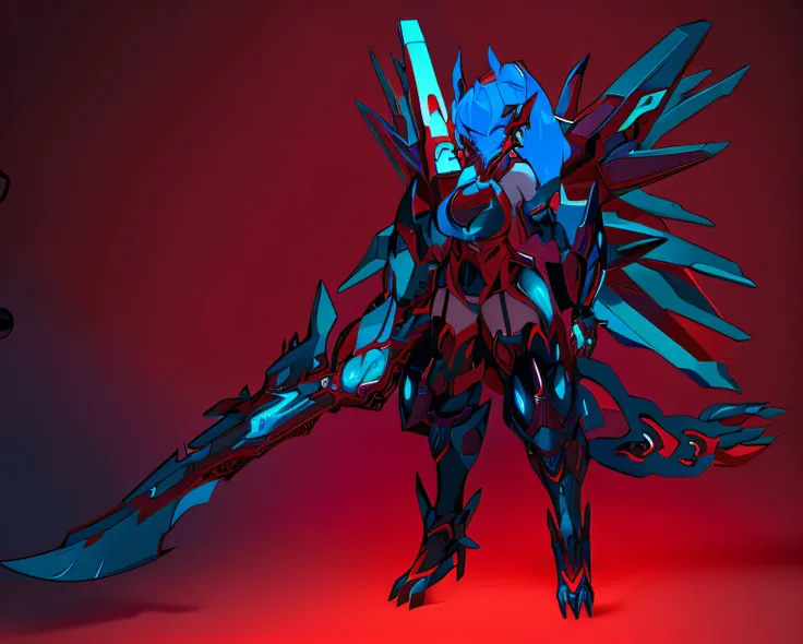 A woman dressed in black and red holds a sword, as a badass monster hunter, in monster hunter armor, Anime monster girl, demonic dragon inspired armor, with scaly-looking armor, sleek mecha female dragon head, human and dragon fusion, robot mecha female dr...