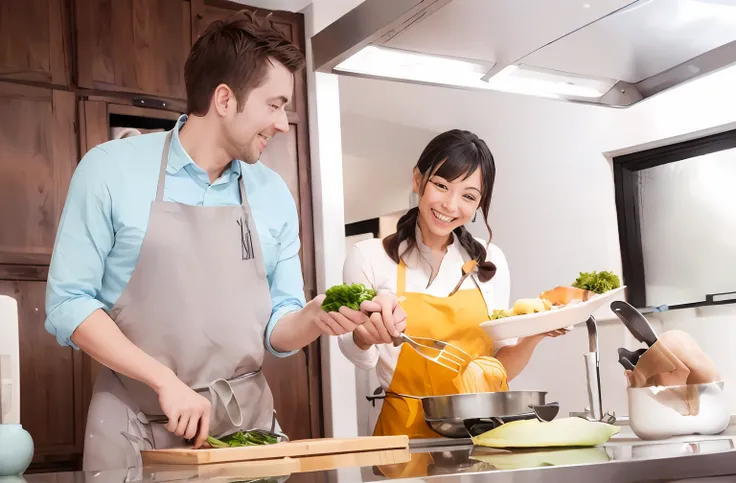 Together they are preparing a meal in the kitchen, Cooking, cooking show, In the kitchen, cuisine, in a kitchen, Wearing an apron, beginner, gourmet cooking, Brilliant, Bottom Angle, Lifestyle, appetizing, mouthwatering, cooking it up, domestic, People eat...