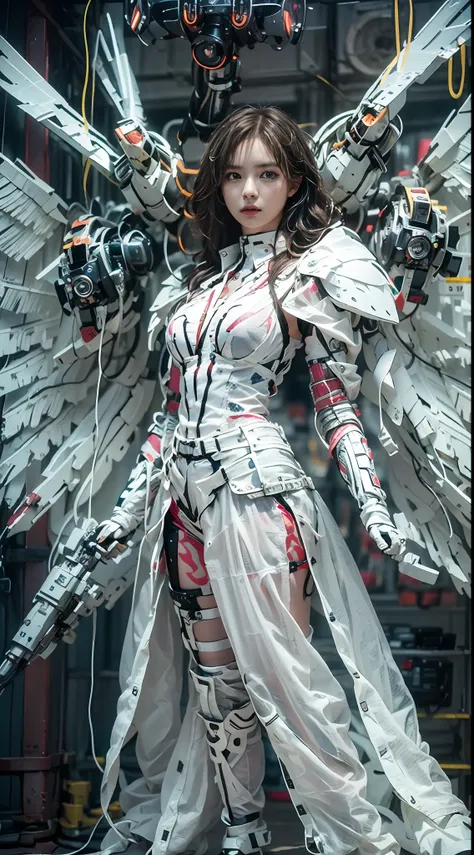 Beautiful woman in white winged mech,(Best quality, Detailed details, Masterpiece, , 4K, Chiaroscuro,The photos are super realistic and realistic, Highly detailed Canon videography )
