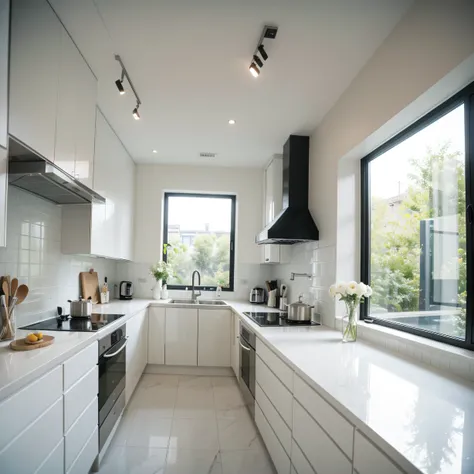 ,masterpiece, best quality,8k, ultra highres,This is a kitchen with a very modern minimalist style。Bright white walls with simple and atmospheric stainless steel kitchenware,It shows the quality and elegance of modern life。Refreshingly lit,The entire space...