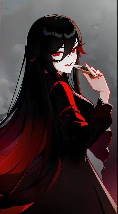 adult woman, long black hair, red-eyes, black luxury dress, black lipstick, smirk, smoke, masterpiece, hiquality