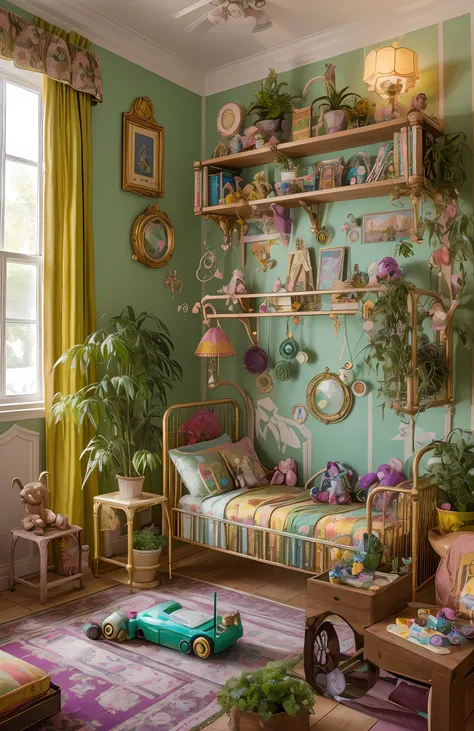 architectural digest photo of a {vaporwave/steampunk/solarpunk} ((child room)) green, with a lot kid toys, with dolls, with a bi...