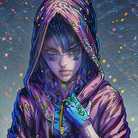 Photo of a woman in a blue-black hooded dress, in jojos bizarre adventure, jojo anime style, jjba, JOJOs bizarre adventure, jojo bizarre adventure, Jojo had an amazing adventure, jojos bizarre adventures, Jojo style,Araki grain on the face,Dark,brown hair...