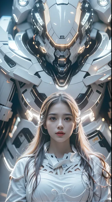 beautiful woman wearing white mecha mecha lights dazzling，(best quality, detailed details, masterpiece, , 4k, chiaroscuro，the ph...