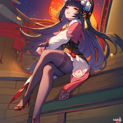 ((masterpiece:1.2)), yunjin(genshin impact), best quality, (pretty face), dramatic lighting,1girl, solo, blunt bangs, hime cut, black corset, black hair, collar, mascara, ((red eyeshadow)), long hair, sidelocks, floating hair, looking at viewer, (makeup), ...
