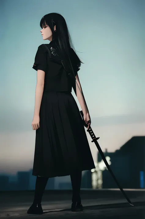 Gothic girl in black，Wear modern tech clothing and Japanese clothing，Armed with a sword and a black katana，He also carried a rifle over his shoulder，Show the beauty of the integration of technology and ancient style。Nice sunset and high-rise buildings