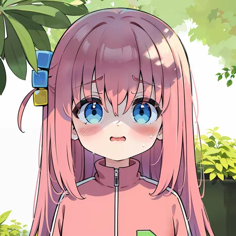 ​masterpiece, top-quality, Hi-Res, gotou1, gotou hitori, 独奏, Pink Jacket, Track jacket, bangss, Hair between the eyes, long-sleeve, (Shaded face:1.2), upper_body, Wavy mouth, drops of sweat, Opening Mouth, embarrassed from, tremble for, plein air, tchibi、C...