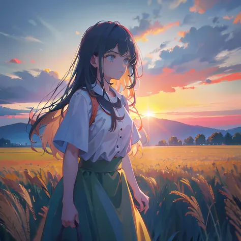 girl standing in field, closeup, portrait, clouds, sunrise