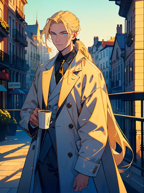 a handsome, tall and elegant man，young person，a blonde long-haired，low ponytail，holding coffee，wear a luxurious coat，coffee on t...