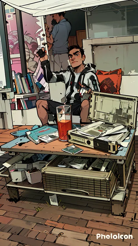 Theres a man sitting in a chair with a guitar and a suitcase, transmetropolitano, Jamie McKelvie Arte em quadrinhos, Fantastic seller interior, full-colour illustration, posuka demizu |, Penhasco Chiang, inspirado por Eddie Campbell, Jamie Hewlett Arte, Im...