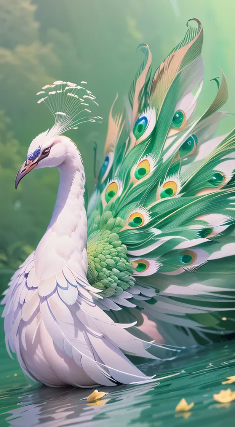 A proud white peacock,Pure white feathers,The feathers are layered,The tail feathers are topped with light green gemstones,(Standing in the water opens the screen to reflect the reflection:1.3),(Screen Living),(Medium and close range),(Super finely depicte...