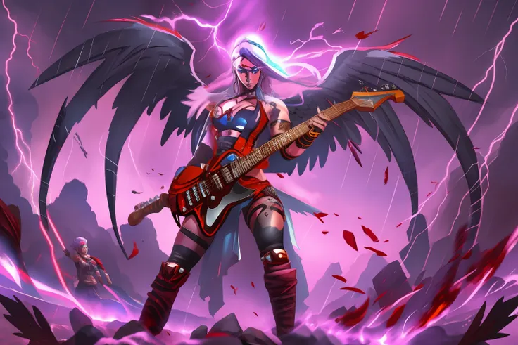 fallen angel viking woman, berserk, with huge wings, viking clothing, red eyes, white hair, dynamic pose, (with electric guitar,...