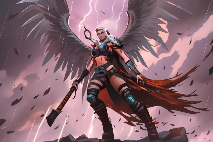 fallen angel viking woman, berserk, with huge wings, viking clothing, red eyes, white hair, dynamic pose, (with electric guitar,...