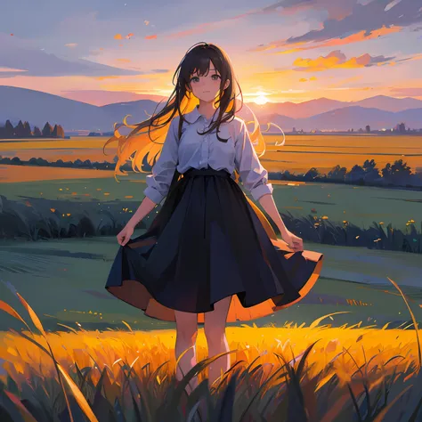 girl standing in field, closeup, portrait, clouds, sunrise