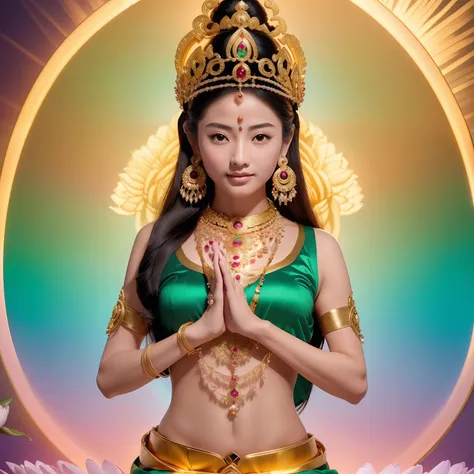 beautiful green tara skin is green，sitting on a lotus flower，cross one leg， (((body skin is green)))，delicate，bright big eyes lo...