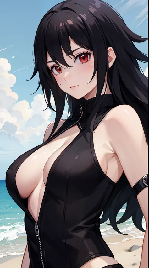 one-girl,upperbody closeup,sportrait,cleavage,Naruto,red - eyed,nar_kurenai_yuhi ,Forehead,比基尼,sea beach