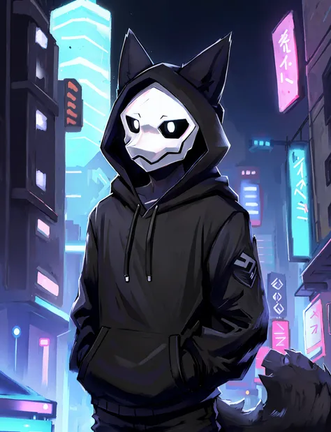 close-up of a man in a hoodie wearing a cat mask, cyberpunk anime girl in hoodie, badass anime 8 k, wearing a hoody, an anthropo...