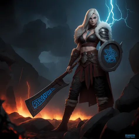 angel viking woman, berserk, viking clothing, red eyes, white hair, dynamic pose,  (with electric bass, rock bass in the form of...