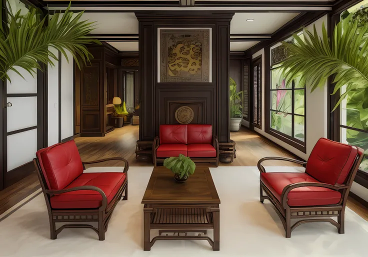 wood floor, indochine style, sofa leather classic, classic table, celling light, wood window high quaility, high quality texture, camera cinematic, good texture., photo realistic, shadow, super detailed, real, 8k, (4K), ultra reality, ultra outline, sun li...