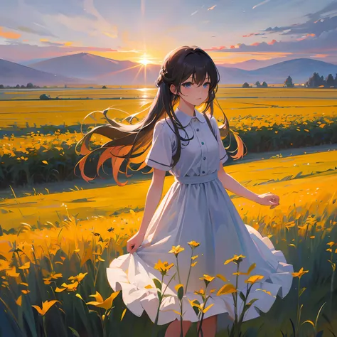 girl standing in field, closeup, portrait, clouds, sunrise