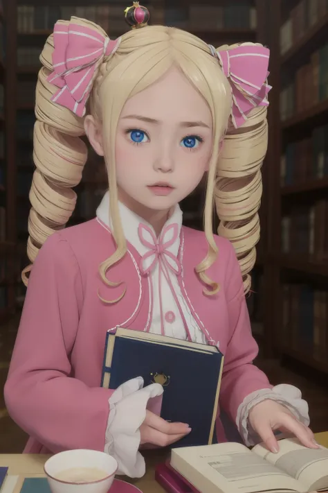 Betty
upper body, looking at viewer, masterpiece, best quality,
1girl, 3d, blonde_hair, blue_eyes, blurry, blurry_background, blurry_foreground, book, bookshelf, bow, crown, depth_of_field, drill_hair, hair_ribbon, holding, holding_book, long_hair, long_sl...