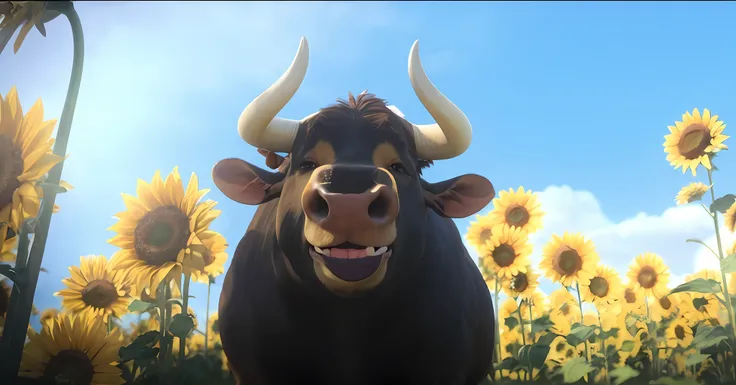 a close up of a bull with horns standing in a field of sunflowers, animated movie still, a still of a happy, animated film, ! movie scene, animated movie scene, animation still screencap, 3 d animated movie, animated movie, bull, cartoon still, beefy, anim...