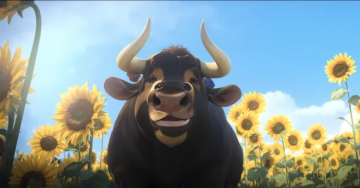 a close up of a bull with horns standing in a field of sunflowers, animated movie still, a still of a happy, animated film, ! movie scene, animated movie scene, animation still screencap, 3 d animated movie, animated movie, bull, cartoon still, beefy, anim...