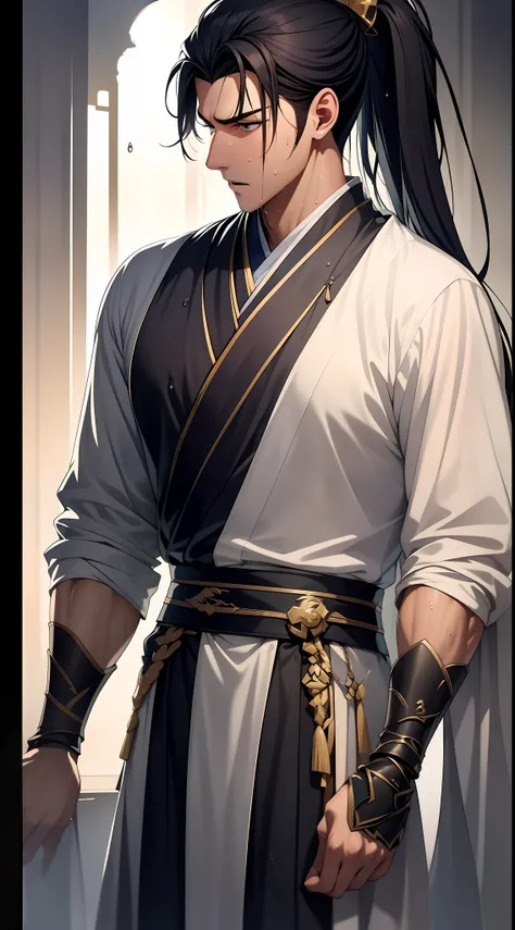 quadratic element,style of anime,mtu(Male Warrior),musculature,The proportions are correct,Face details,swordsmen,High ponytail hairstyle,perspired,Sweat on the face,drools,Neck details,There is an Adams apple,Get wet,Drenched,Black Hanfu,kaftan,Embroidere...