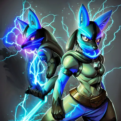 Lucario como um jedi, estilo anime, lutando contra uma sombra negra