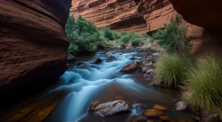 still and clear stream between a deep canyon, realistic photography, 8k, uhd