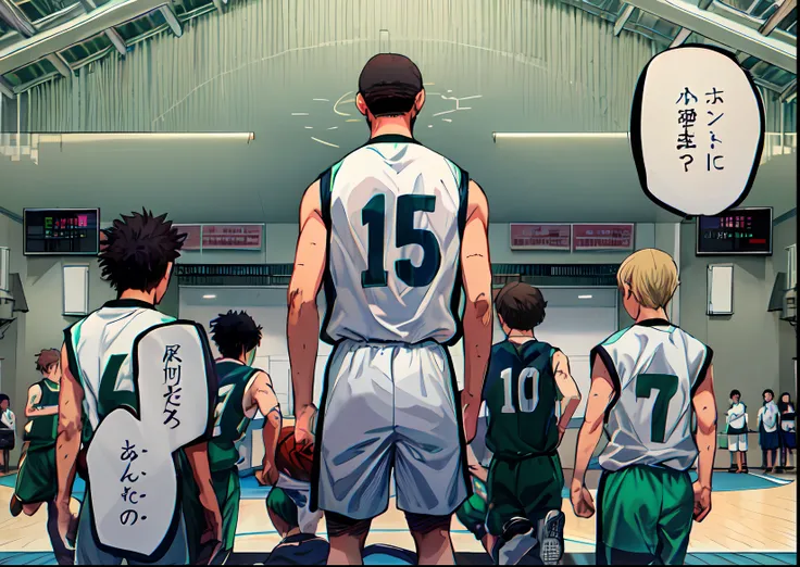a anime of boys from behind, behind, basketball uniform, in the basketball gym, text bubble speech, color manga, manga color, color manga, color manga panel, simple background
