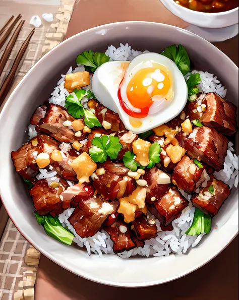 a bowl of braised pork rice, egg, vegetable, ((masterpiece)),illustration,high detail, soft lighting, delicious, colorful, aesth...