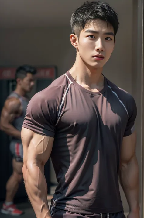 best quality, super high resolution, (realistic: 1.4), bust photo, gym, 1 asian boy, standing, gym clothes, short hair, upper bo...