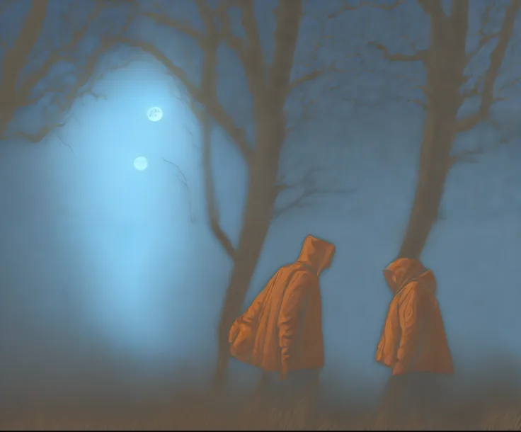 a hooded old man walking through a dark blue forest, full moon, neundies style, red moon, children