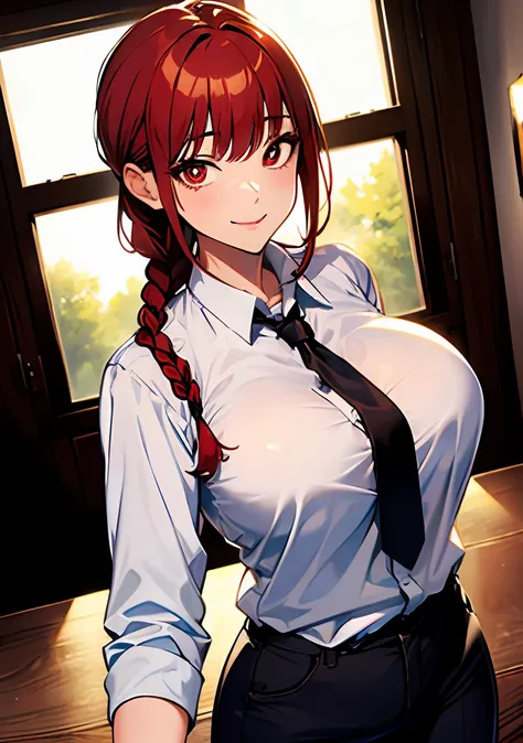 (​masterpiece),(top-quality), ultra-detailliert, sity、window、red hairs、french braids、a smile、(Look at viewers:1.3)、red eyes、white  shirt、Black tie、huge long breasts, Naughty big、Big breasts emphasis,cowboy  shot