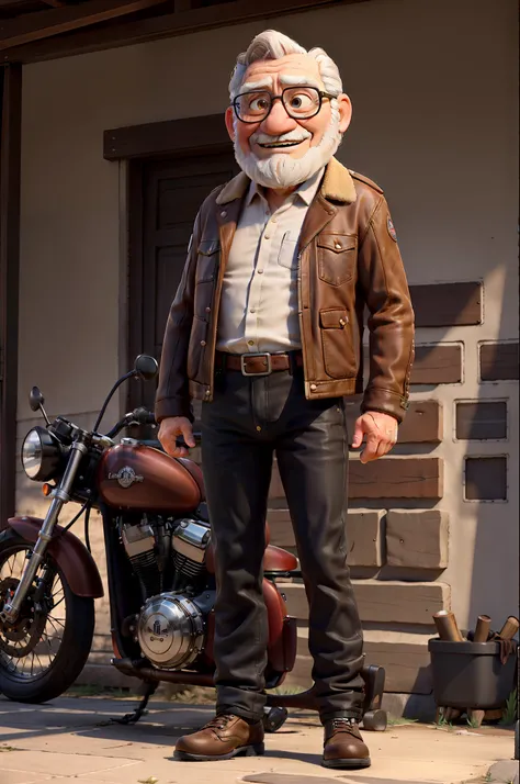 masterpiece, best quality, an old man with white beard and long brown hair, wearing a leather jacket and black jeans, standing b...