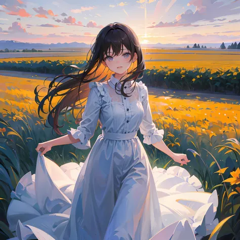 girl standing in field, closeup, portrait, clouds, sunrise