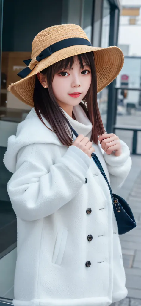 tmasterpiece，best qualityer，1girll，独奏，brunette color hair，围巾，bucket-hat，realisticlying，looking at viewert，黑the eye，long whitr ha...