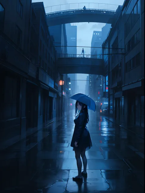 phblue, scenery, no humans, landscape, (masterpiece,best quality:1.4), blue theme, city, dusk, 1girl, rain,cowboy shot, close up,