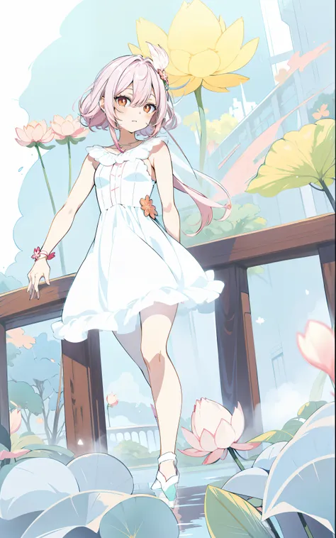 Correct legs,Anime girl with pink hair and white dress dancing on bridge,parasols,Lotus leaf,four-leaf clover,Buble, Soft anime illustration, made with anime painter studio, Anime art style, Anime art style, Anime Stylization, clean artstyle, drawn in anim...
