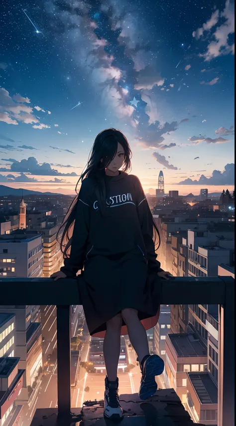 octans, sky, star (sky), scenery, starry sky, night, 1girl, night sky, solo, outdoors, building, cloud, milky way, sitting, tree, long hair, city, silhouette, cityscape