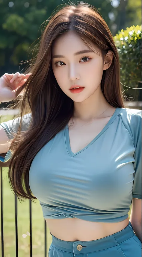 ((top quality, 8k, masterpiece: 1.3)), sensual woman, 1 girl, (slender figure: 1.2), dark brown hair, (outdoor, shirt, shorts: 1...