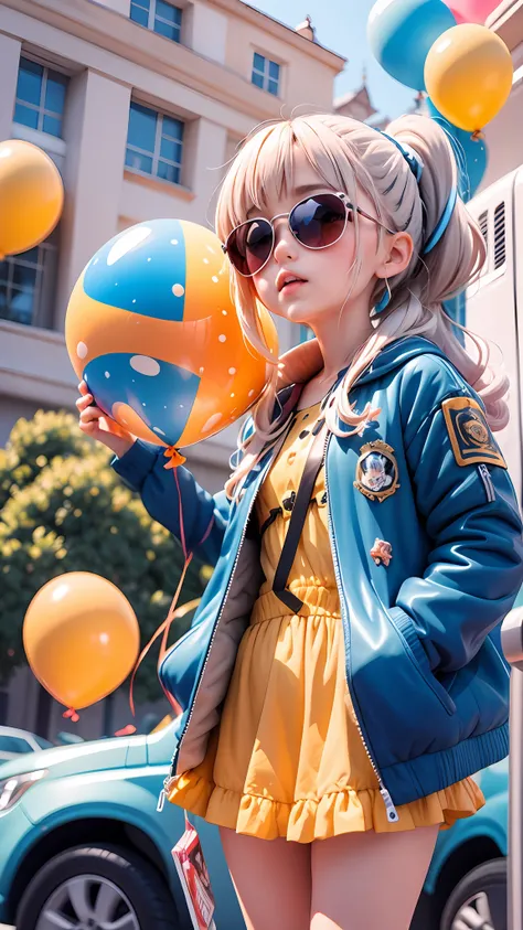 Loli menino, bonito e fofo, wearing blue sunglasses, jaqueta amarela, moletom branco, lots of colorful balloons, babyface, Estilo Chibi, cabelo vermelho e azul bicolor, braided ponytail, olhos de detalhe perfeito, rosto delicado, CG perfeito, Qualidade de ...
